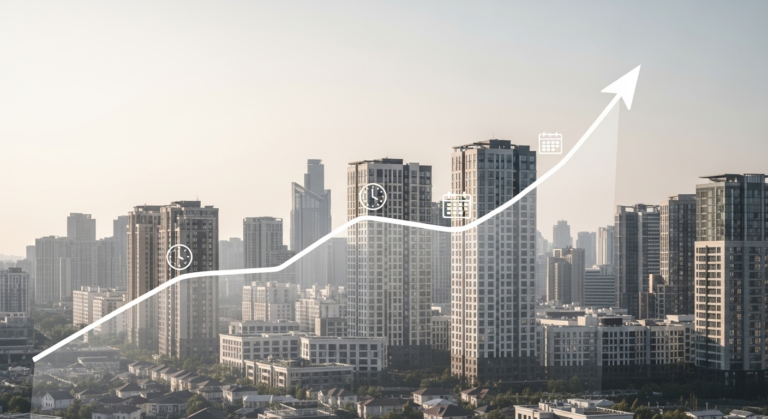 City skyline with rising trend line illustrating long-term real estate investment growth