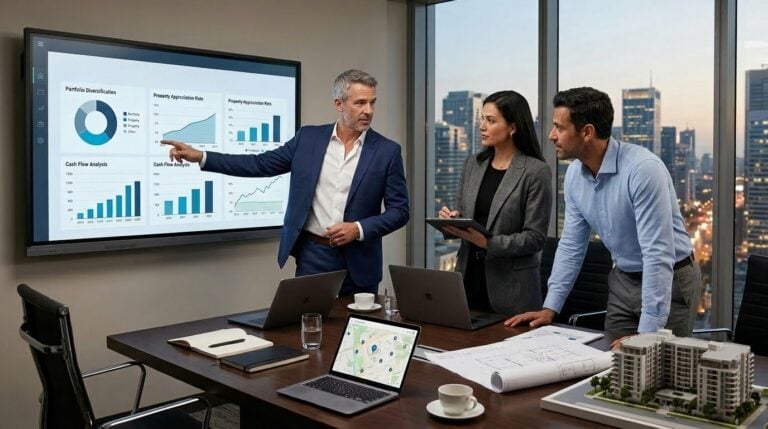 High-income professionals reviewing real estate investment strategies in modern office