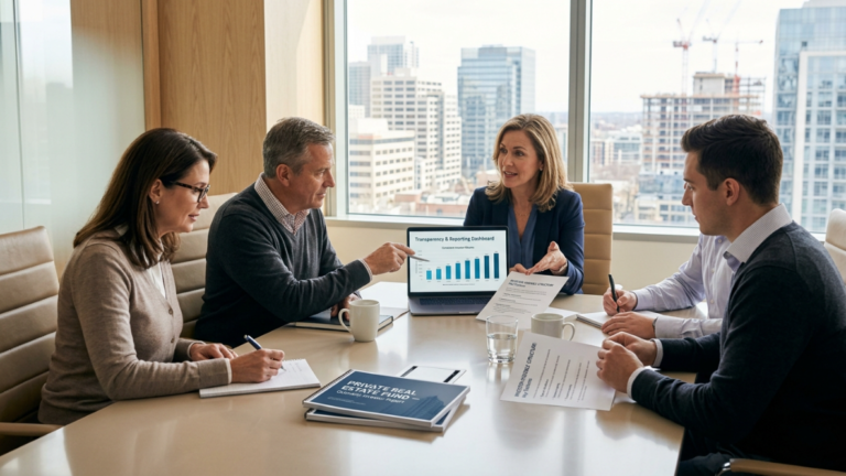 Investors reviewing private real estate fund reports